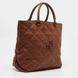 Carolina Herrera Brown Quilted Leather Studded Logo Tote