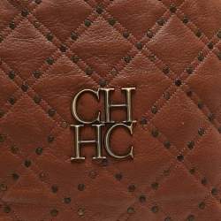Carolina Herrera Brown Quilted Leather Studded Logo Tote