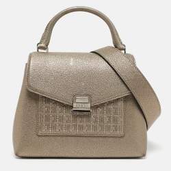 Carolina Herrera Gold Monogram Embossed Leather Flap Top Handle Bag
