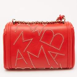 Carolina Herrera Red Leather Studded Bimba Shoulder Bag