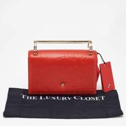 Carolina Herrera Red Logo Embossed Leather Insignia Top Handle Bag