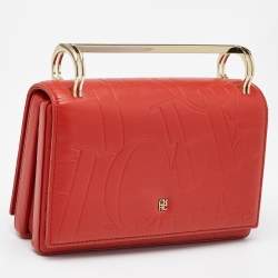Carolina Herrera Red Logo Embossed Leather Insignia Top Handle Bag