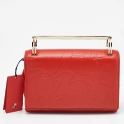Carolina Herrera Red Logo Embossed Leather Insignia Top Handle Bag