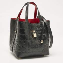 Pre Owned Carolina Herrera Black Monogram Embossed Leather Small Matryoshka Locked Tote