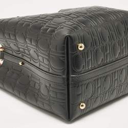 Pre Owned Carolina Herrera Black Monogram Embossed Leather Small Matryoshka Locked Tote