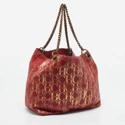 Carolina Herrera Red/Gold Monogram Leather Chain Tote