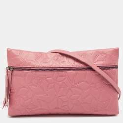 Carolina Herrera Old Rose Floral Embossed Leather Zip Crossbody Bag