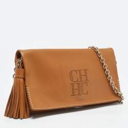 Carolina Herrera Tan Leather Flap Tassel Shoulder Bag