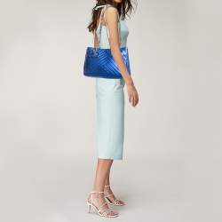 Carolina Herrera Blue Quilted Leather Logo Charm Chain Tote