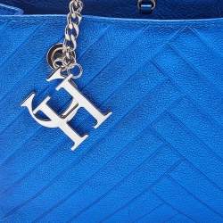 Carolina Herrera Blue Quilted Leather Logo Charm Chain Tote