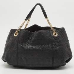 Carolina Herrera Black Monogram Embossed Leather Chain Hobo