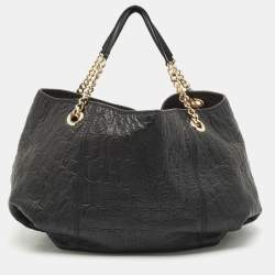 Carolina Herrera Black Monogram Embossed Leather Chain Hobo