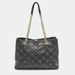 Carolina Herrera Black Logo Embossed Quilted Leather Studded Chain Tote