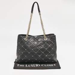 Carolina Herrera Black Logo Embossed Quilted Leather Studded Chain Tote