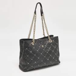 Carolina Herrera Black Logo Embossed Quilted Leather Studded Chain Tote