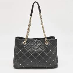 Carolina Herrera Black Logo Embossed Quilted Leather Studded Chain Tote