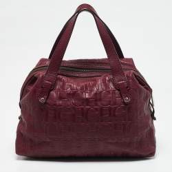 Carolina Herrera Burgundy Monogram Embossed Leather Zip Satchel