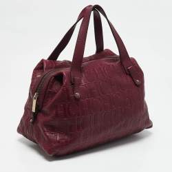 Carolina Herrera Burgundy Monogram Embossed Leather Zip Satchel