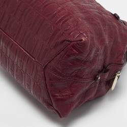 Carolina Herrera Burgundy Monogram Embossed Leather Zip Satchel