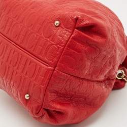 Carolina Herrera Red Monogram Embossed Leather Bow Bucket Shoulder Bag