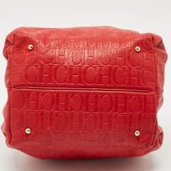 Carolina Herrera Red Monogram Embossed Leather Bow Bucket Shoulder Bag