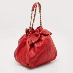 Carolina Herrera Red Monogram Embossed Leather Bow Bucket Shoulder Bag