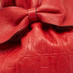 Carolina Herrera Red Monogram Embossed Leather Bow Bucket Shoulder Bag