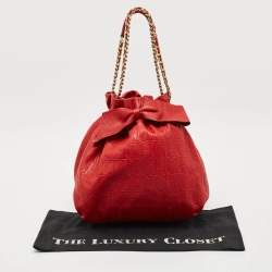 Carolina Herrera Red Monogram Embossed Leather Bow Bucket Shoulder Bag
