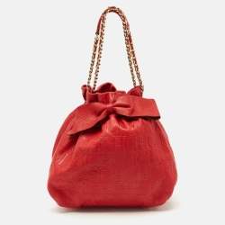 Carolina Herrera Red Monogram Embossed Leather Bow Bucket Shoulder Bag