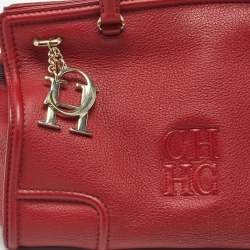 Pre Owned Carolina Herrera Red Leather CH Logo Charm Tote