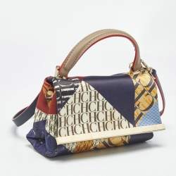 Pre Owned Carolina Herrera Multicolor Monogram Satin and Leather Metal Flap Top Handle Bag