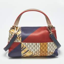 Pre Owned Carolina Herrera Multicolor Monogram Satin and Leather Metal Flap Top Handle Bag