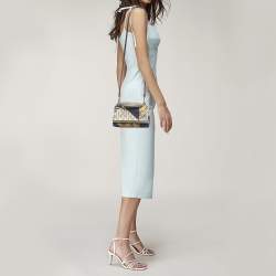 Pre Owned Carolina Herrera Multicolor Monogram Satin and Leather Metal Flap Top Handle Bag