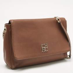 Pre Owned Carolina Herrera Brown Leather Flap Chain Shoulder Bag