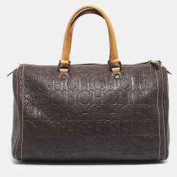 Pre Owned حقيبة سي أتش كارولينا هيريرا إنداي بوسطن جلد منقوش بلون كستنائي كبير الحجم