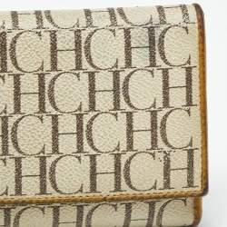 Pre Owned Carolina Herrera Off White Monogram Coated Canvas and Leather Trifold Continental Wallet