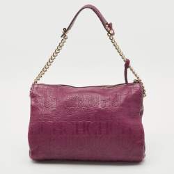 Pre Owned Carolina Herrera Purple Monogram Embossed Leather Lock Shoulder Bag