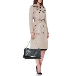 Pre Owned Carolina Herrera Navy Blue Embossed Leather Metal Flap Shoulder Bag