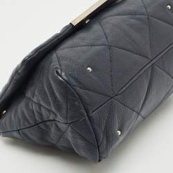 Pre Owned Carolina Herrera Navy Blue Embossed Leather Metal Flap Shoulder Bag