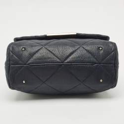 Pre Owned Carolina Herrera Navy Blue Embossed Leather Metal Flap Shoulder Bag
