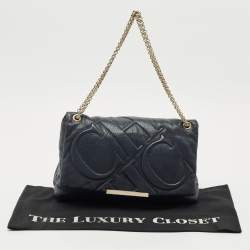 Pre Owned Carolina Herrera Navy Blue Embossed Leather Metal Flap Shoulder Bag