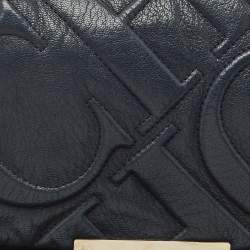 Pre Owned Carolina Herrera Navy Blue Embossed Leather Metal Flap Shoulder Bag