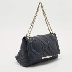 Pre Owned Carolina Herrera Navy Blue Embossed Leather Metal Flap Shoulder Bag