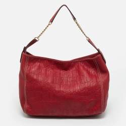 Pre Owned Carolina Herrera Red Monogram Leather Chain Hobo