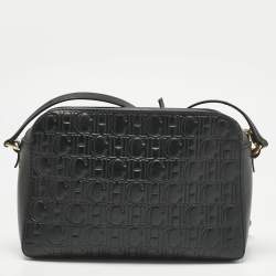Pre Owned Carolina Herrera Black Monogram Embossed Leather Camera Crossbody Bag
