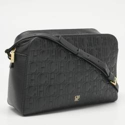 Pre Owned Carolina Herrera Black Monogram Embossed Leather Camera Crossbody Bag