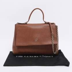Pre Owned Carolina Herrera Brown Embossed Leather Minuetto Flap Top Handle Bag
