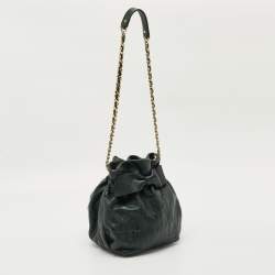 Pre Owned Carolina Herrera Dark Green Monogram Embossed Leather Bow Bucket Bag