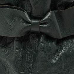 Pre Owned Carolina Herrera Dark Green Monogram Embossed Leather Bow Bucket Bag