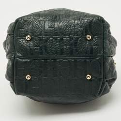 Pre Owned Carolina Herrera Dark Green Monogram Embossed Leather Bow Bucket Bag